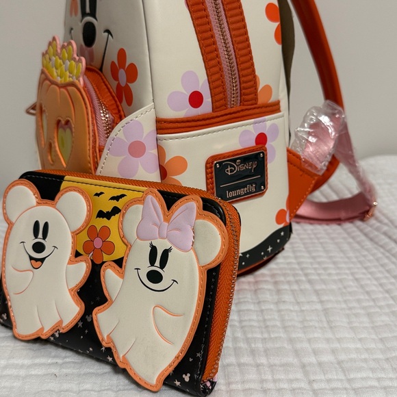 Loungefly Disney Minnie Floral Pumpkin Light-Up Glow-In-The-Dark Backpack SET - Picture 9 of 11